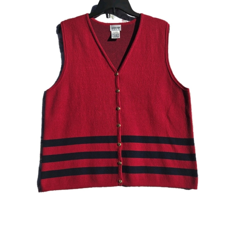 Vintage Liz Baker Red Knit Sweater Vest Women's XL Button Front Black Stripe